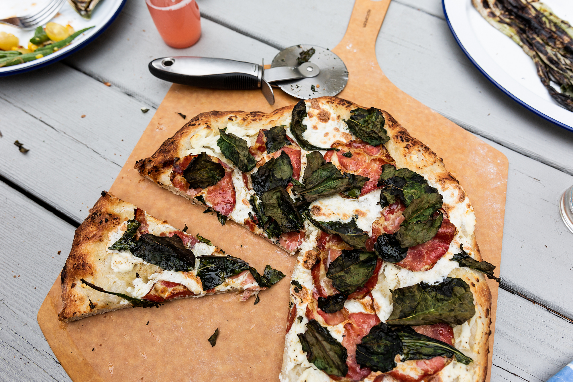 Grilled Pizza with Ricotta, Coppa & Baby Kale