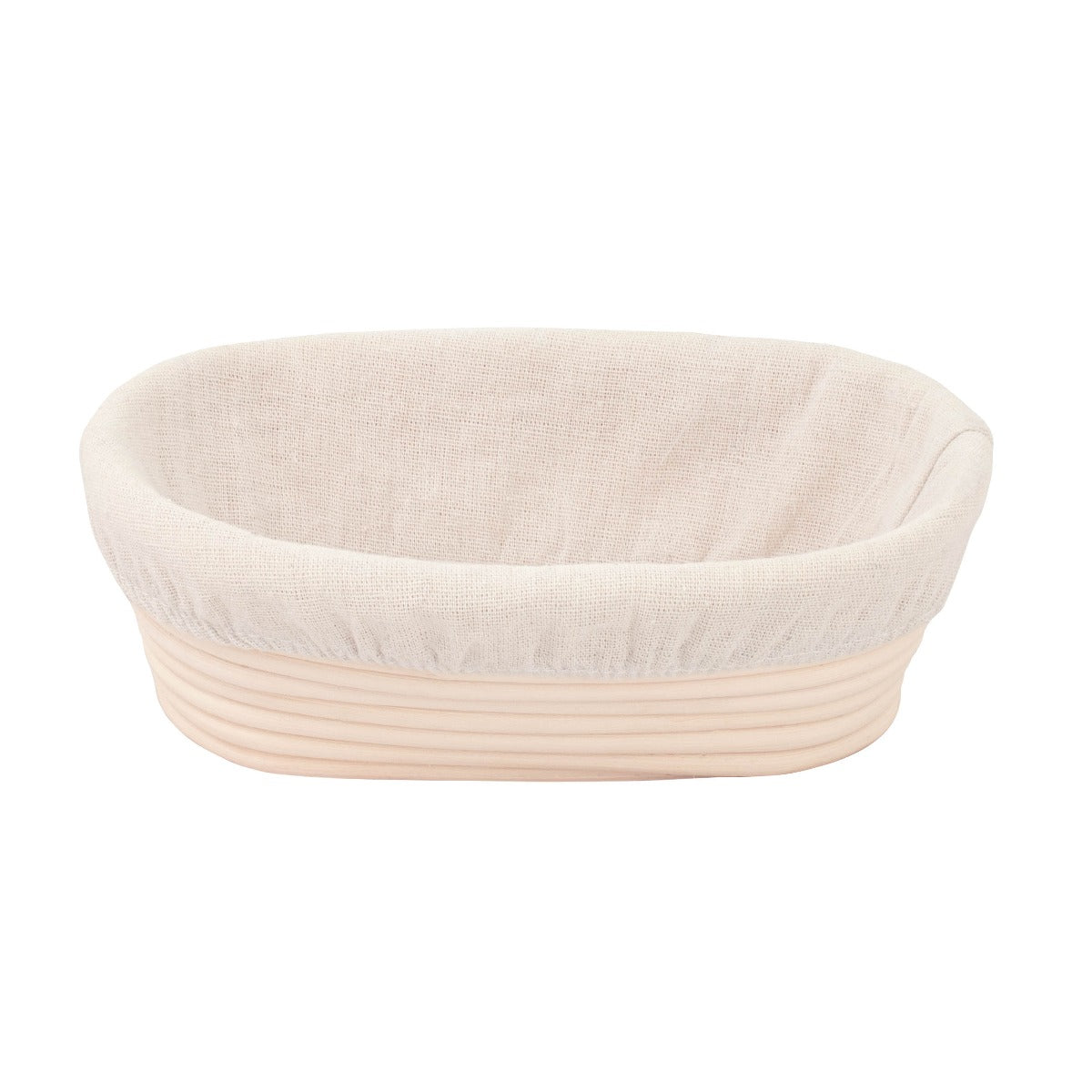 Beige cloth-lined oval bread proving basket on white background
