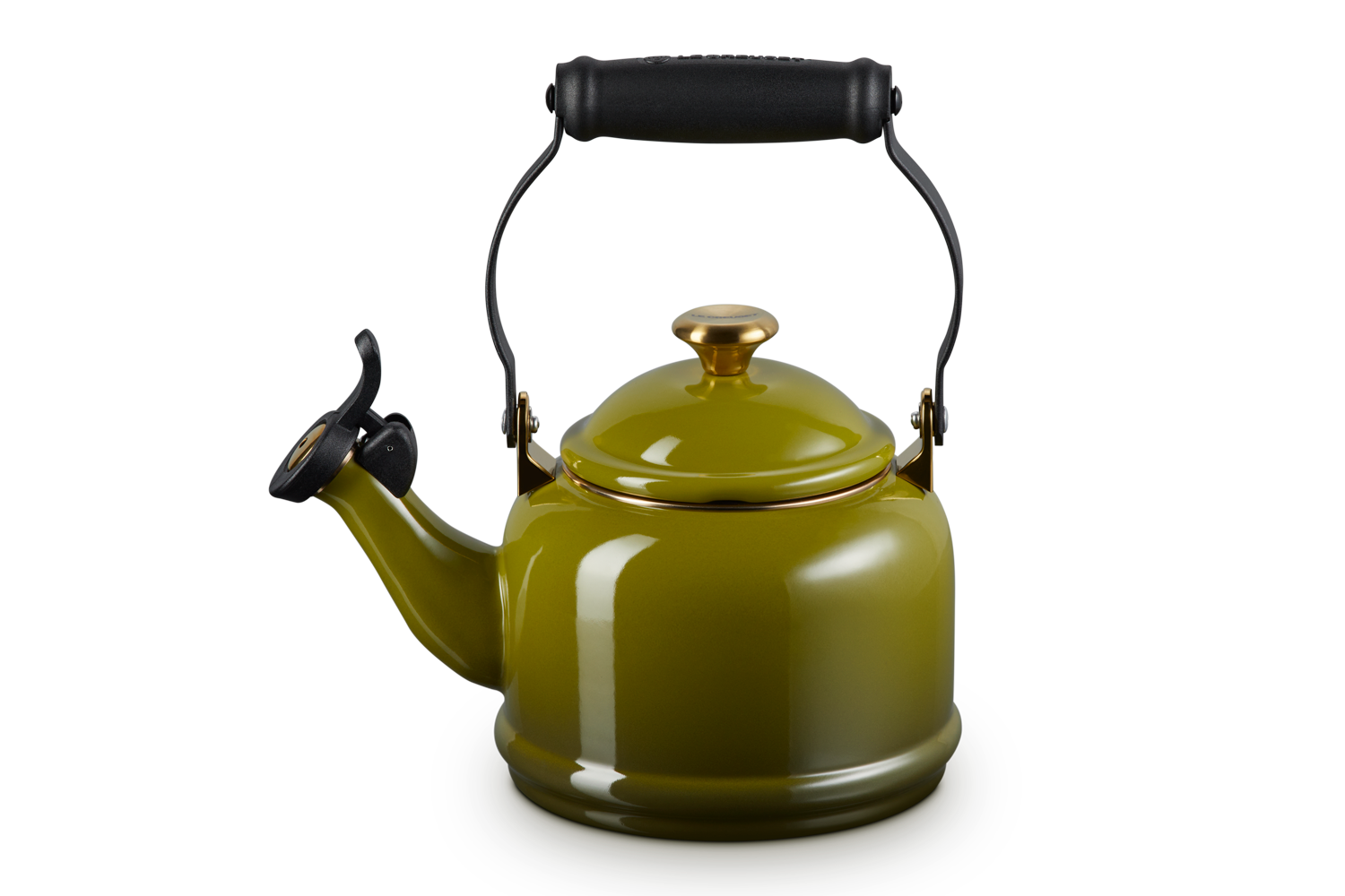 A Le Creuset Demi Kettle in Olive over a white background.