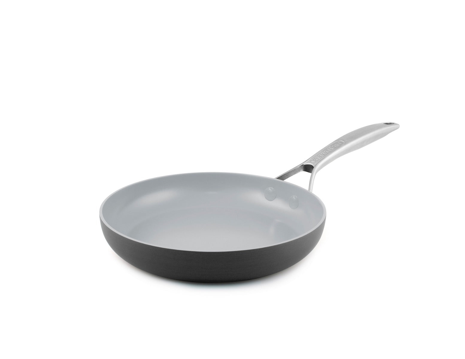 A GreenPan Paris Pro Ceramic Fry Pan sits over a white background.
