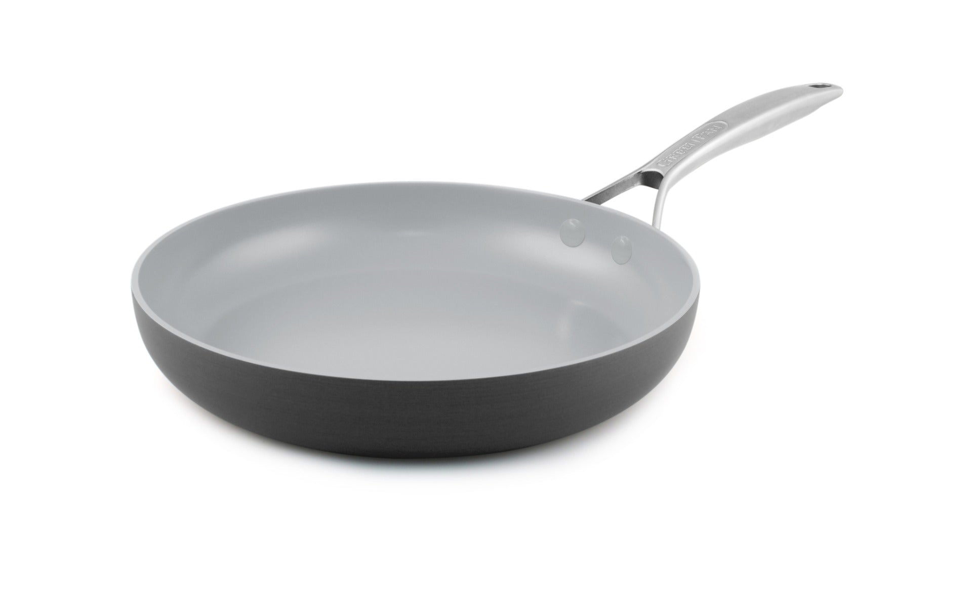 A GreenPan Paris Pro Ceramic Fry Pan sits over a white background.