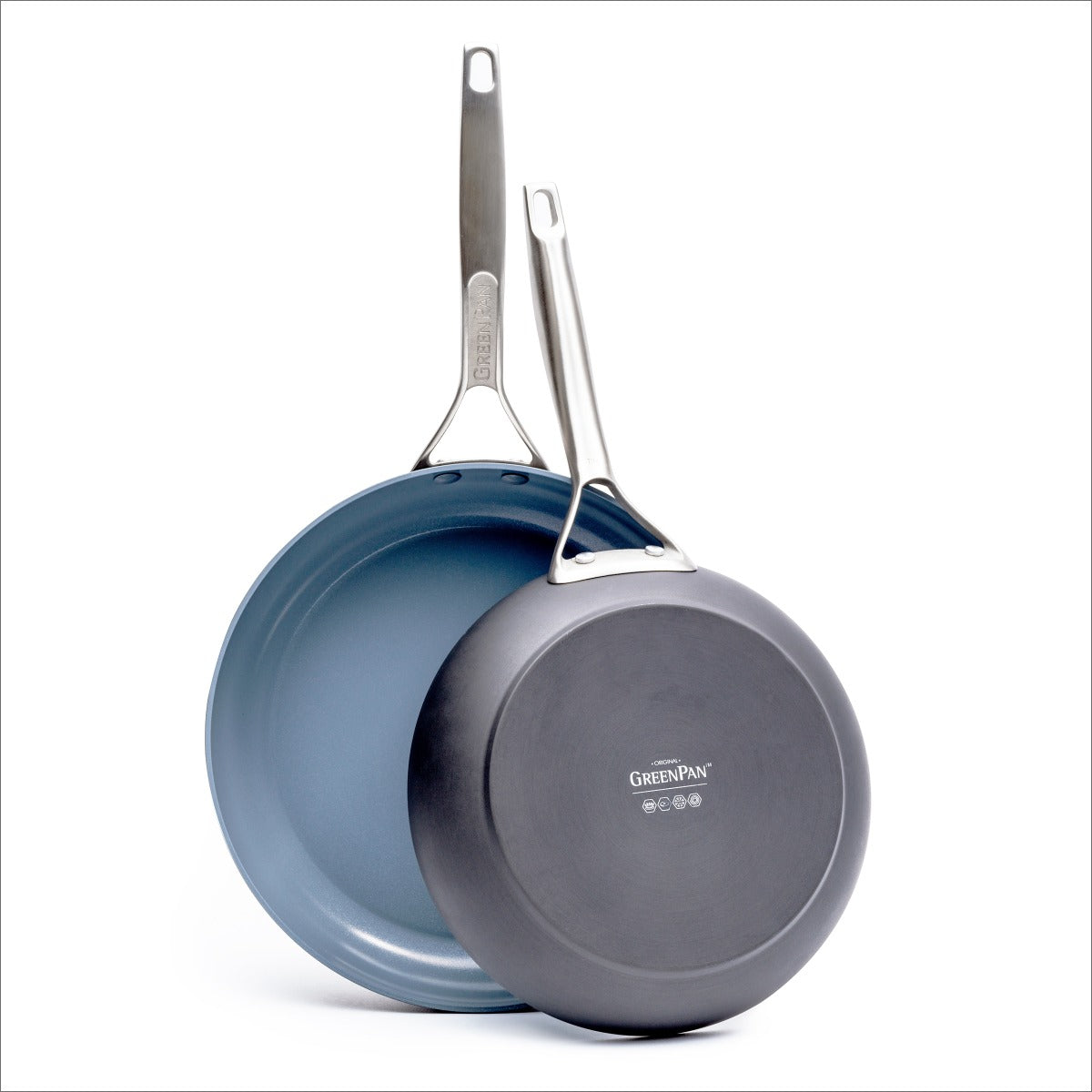 A set of 10" & 12" GeenPan Paris Pro Ceramic Fry Pans sits over a white background.