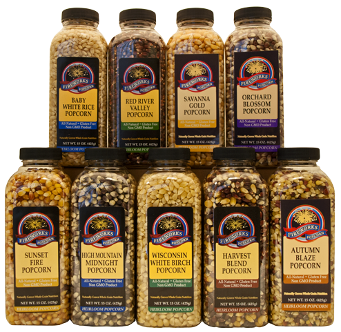 Variety of gourmet popcorn kernels in clear jars on display