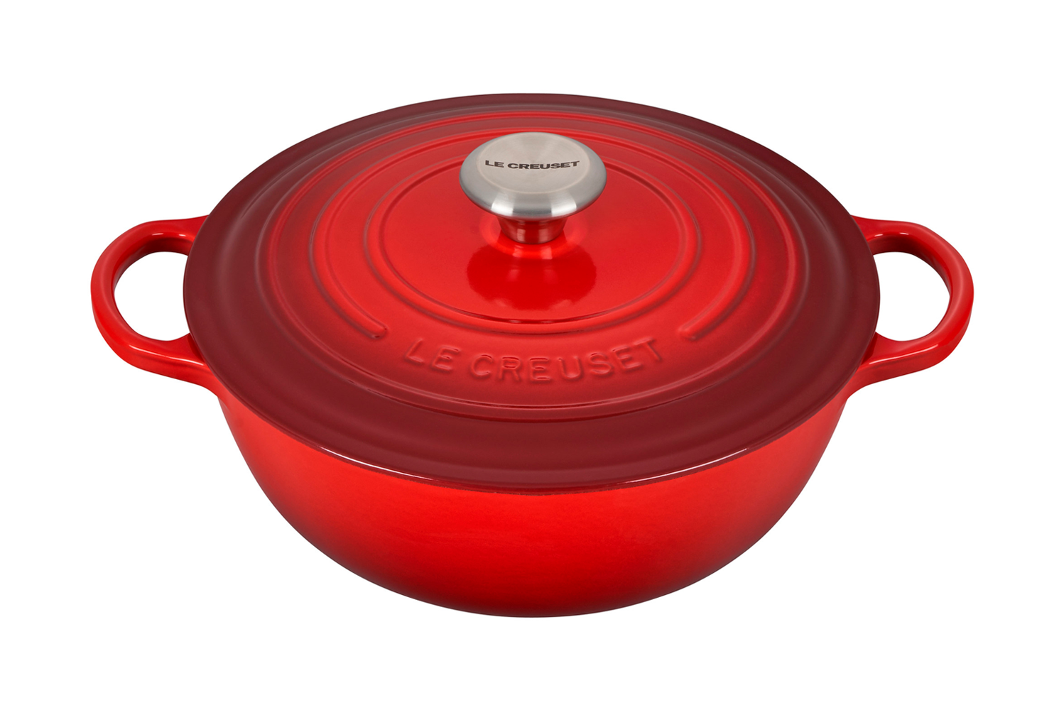 Red Le Creuset cast iron Dutch oven isolated on white background
