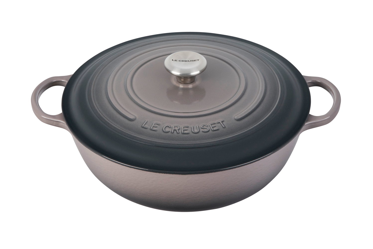 Gray Le Creuset cast iron Dutch oven on white background