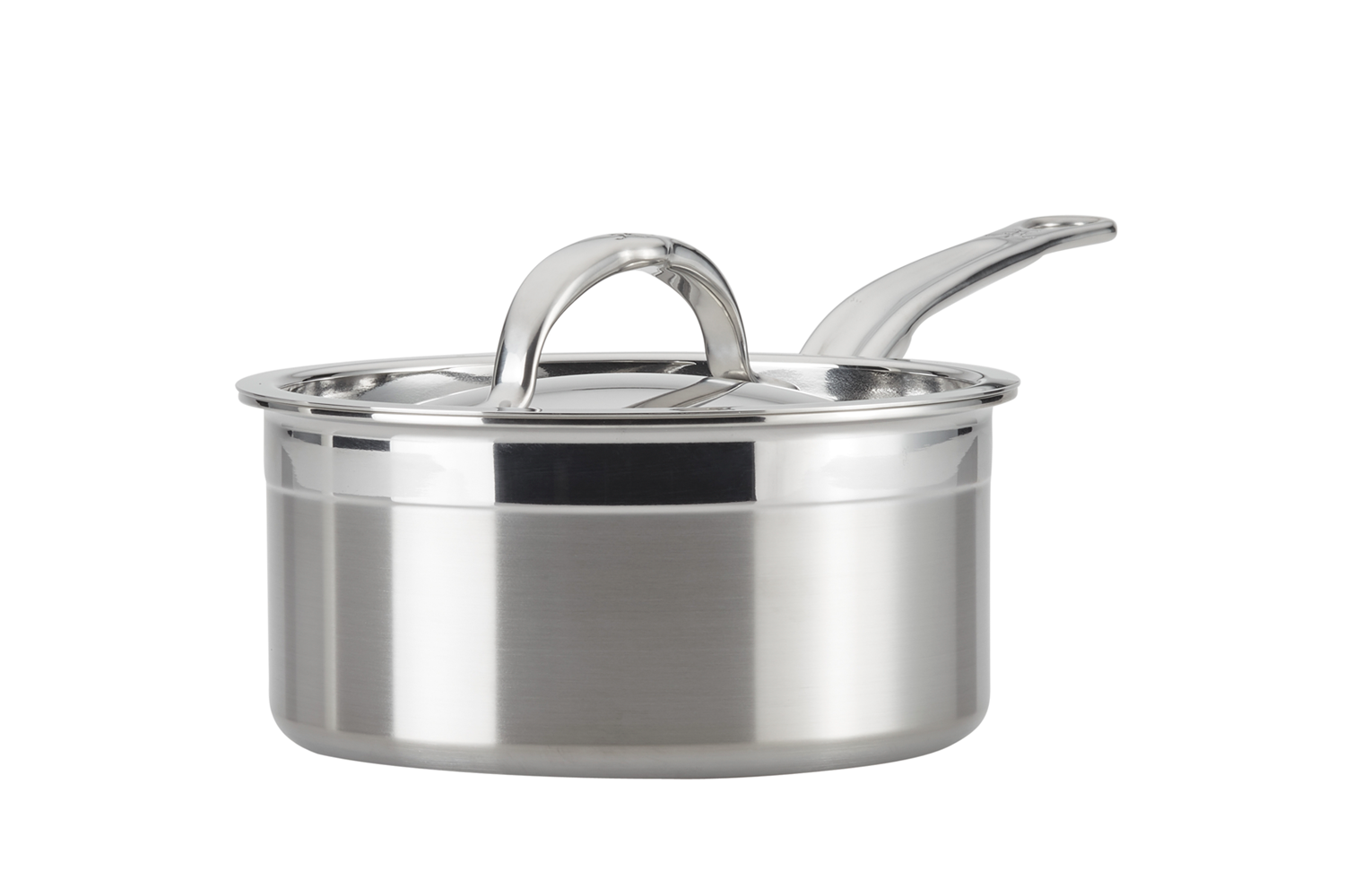 Stainless steel saucepan with lid on white background