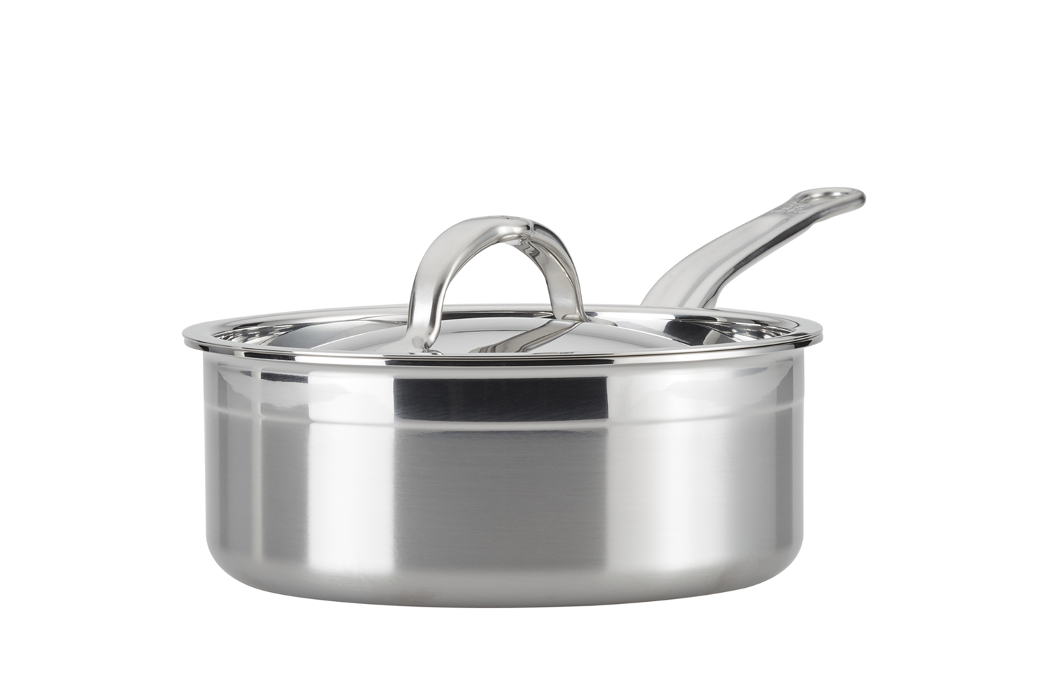Stainless steel saucepan with lid on white background