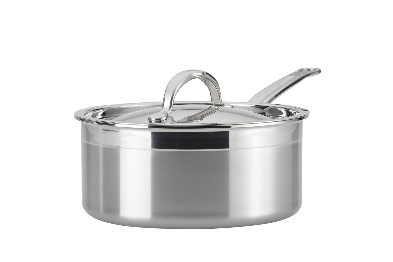 Stainless steel saucepan with lid on white background
