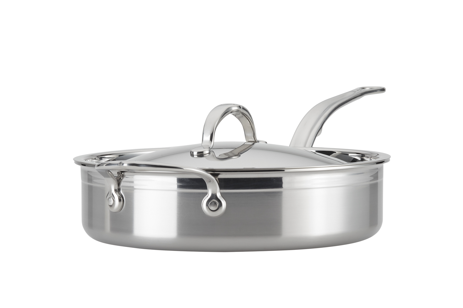 Stainless steel saucepan with lid on white background