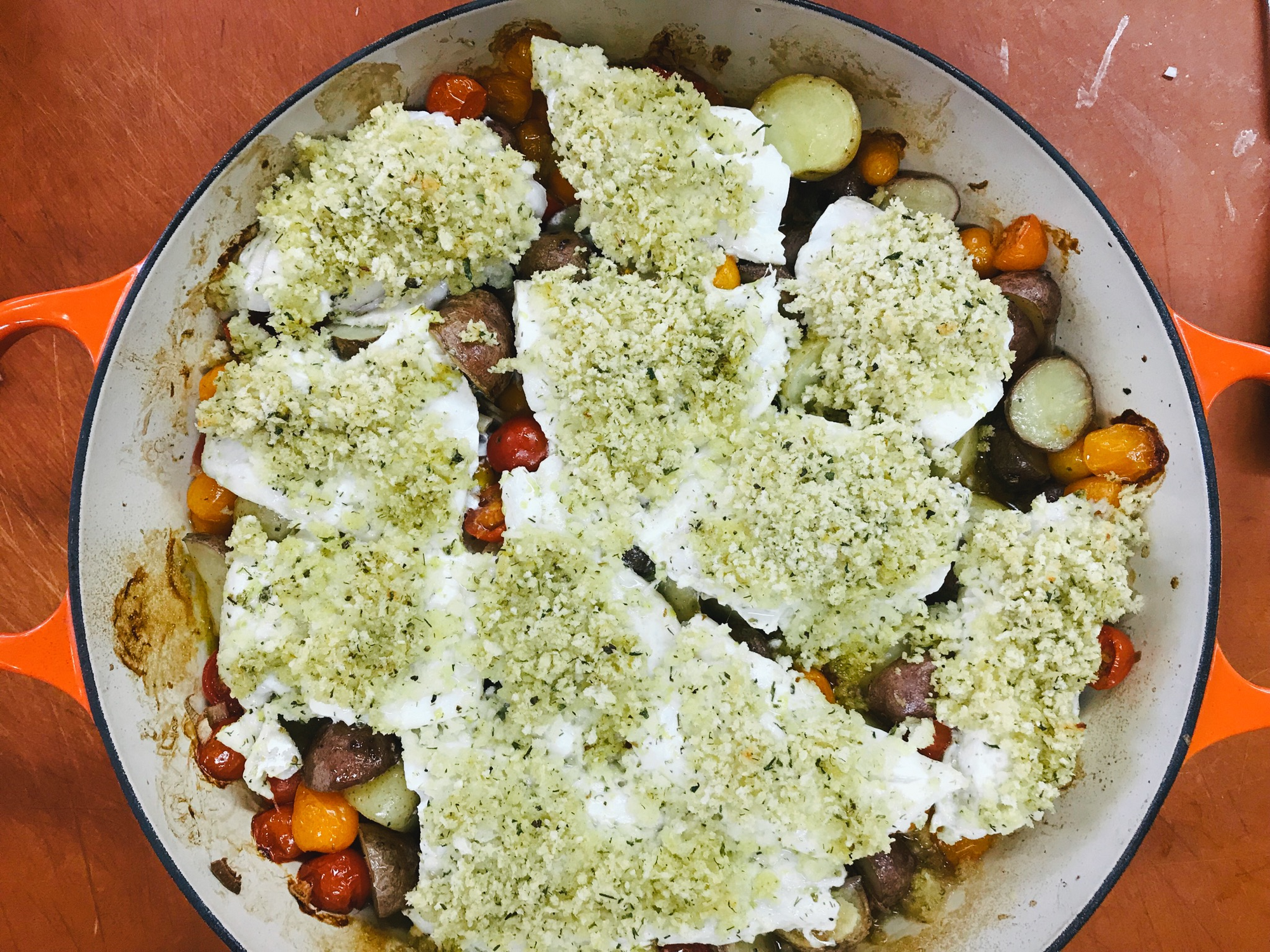 Panko-Crusted Baked Cod with Roasted Potatoes and Cherry Tomatoes