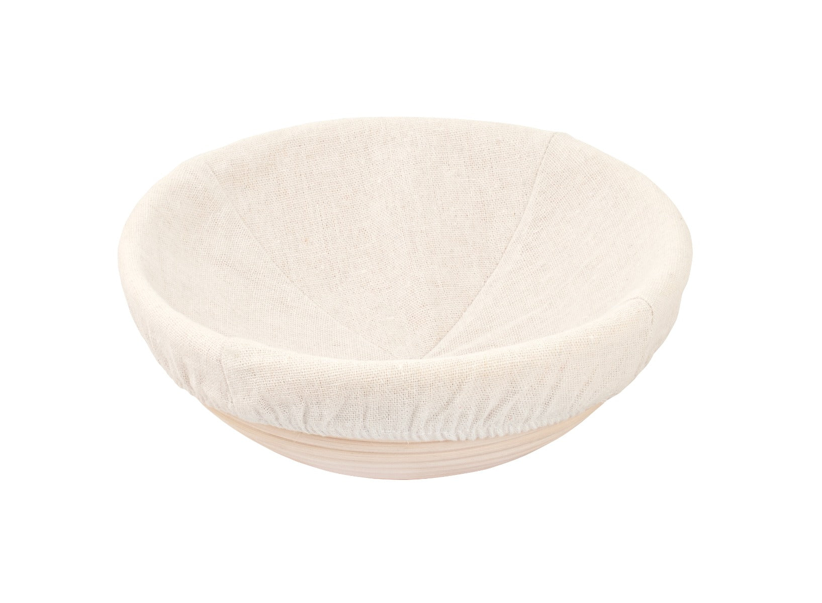 Beige fabric bread proofing basket on white background