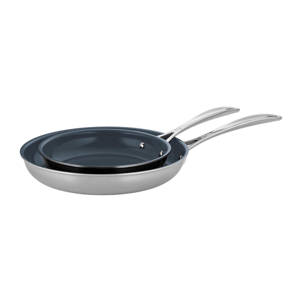 An 8” & 10” Zwilling Clad Ceramic CFX Fry Pan Set over a white background.