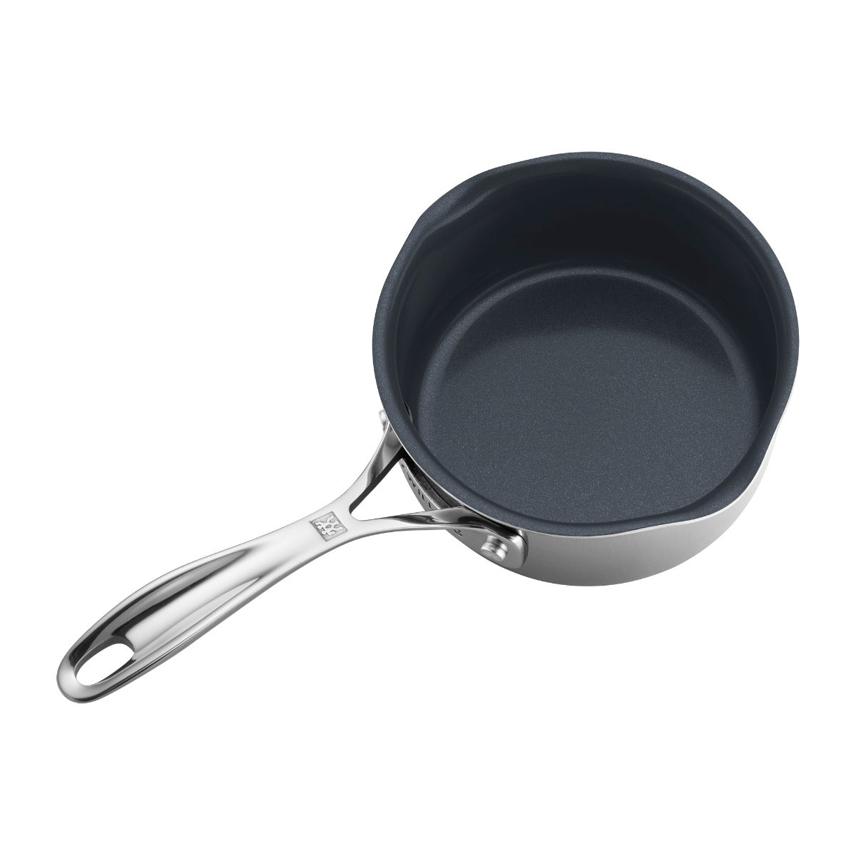 An overhead shot of a Zwilling Clad Ceramic CFX Sauce Pan over a white background.