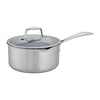 A Zwilling Clad Ceramic CFX Sauce Pan sits over a white background.