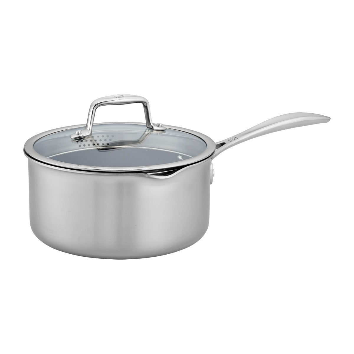 A Zwilling Clad Ceramic CFX Sauce Pan sits over a white background.