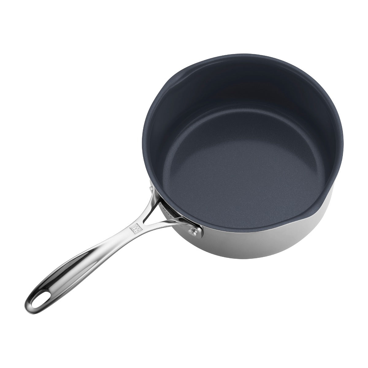 An overhead shot of a Zwilling Clad Ceramic CFX Sauce Pan over a white background.