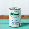 A can of Bar Harbor Foods New England Clam Chowder sits on a turquoise wooden table.