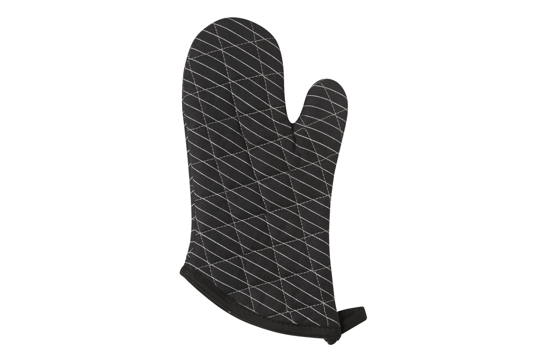 A Now Designs Black Pinstripe Oven Mitt over a white background.