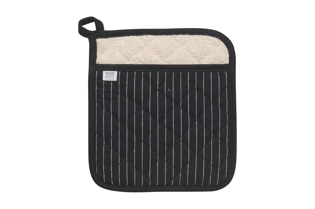 A Now Designs Black Pinstripe potholder over a white background.