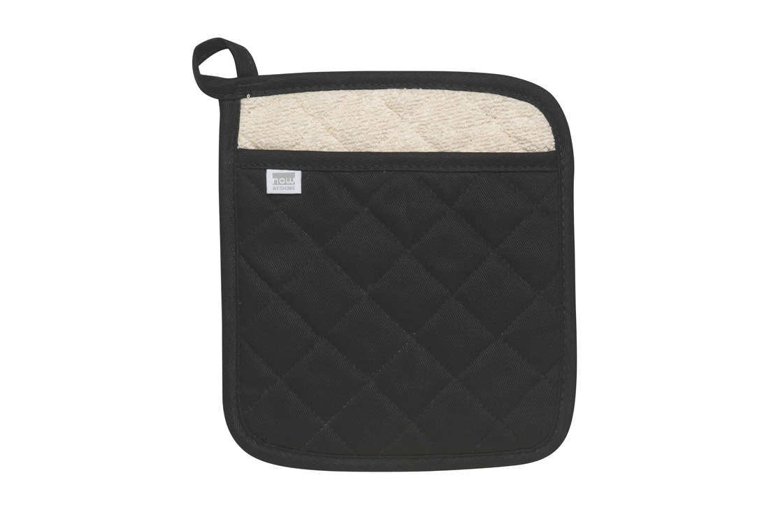 A Now Designs Black potholder over a white background.