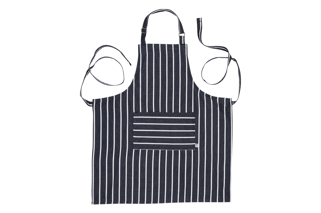 A Now Designs Butcher Stripe Apron over a white background.