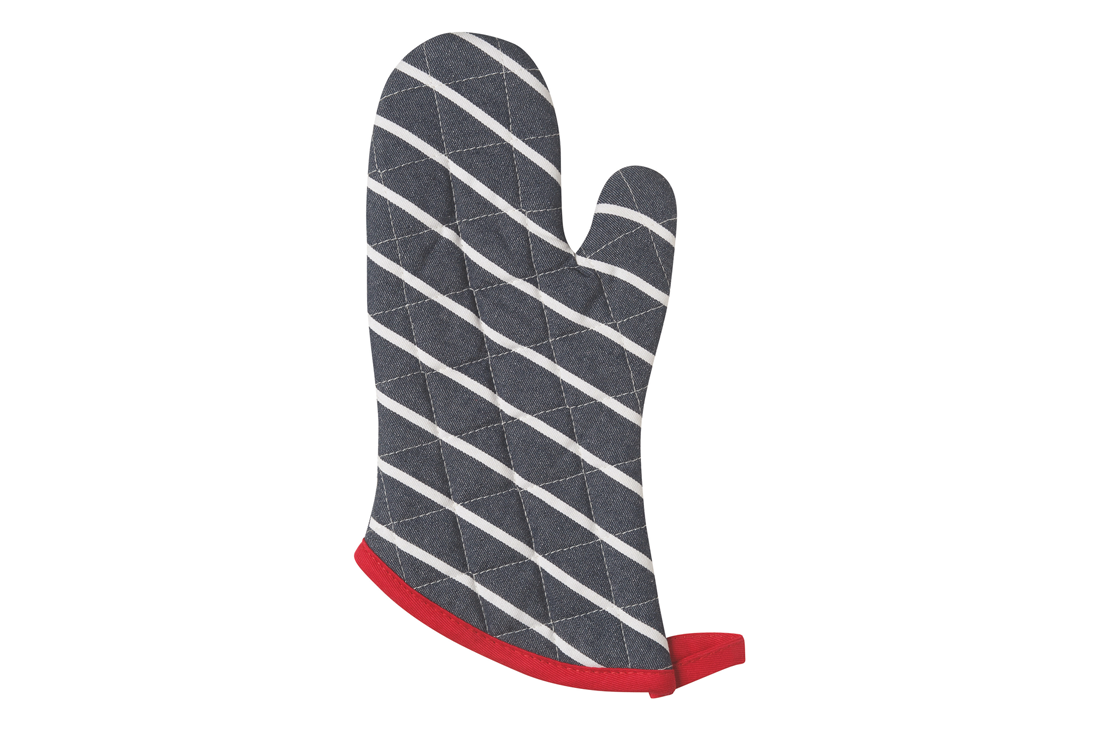 A Now Designs Butcher Stripe Oven Mitt over a white background.
