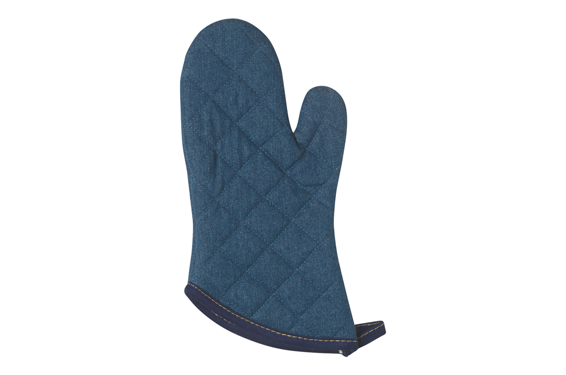 A Now Designs Denim Oven Mitt over a white background.