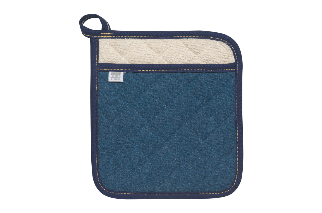 A Now Designs Denim Potholder over a white background.
