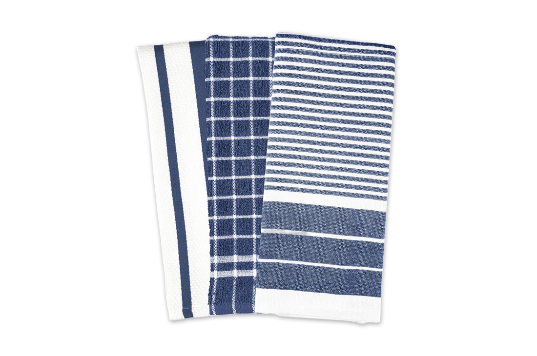A set of blue patterned Mrs. Anderson's Kitchen Towels, Set of 3 over a white background.