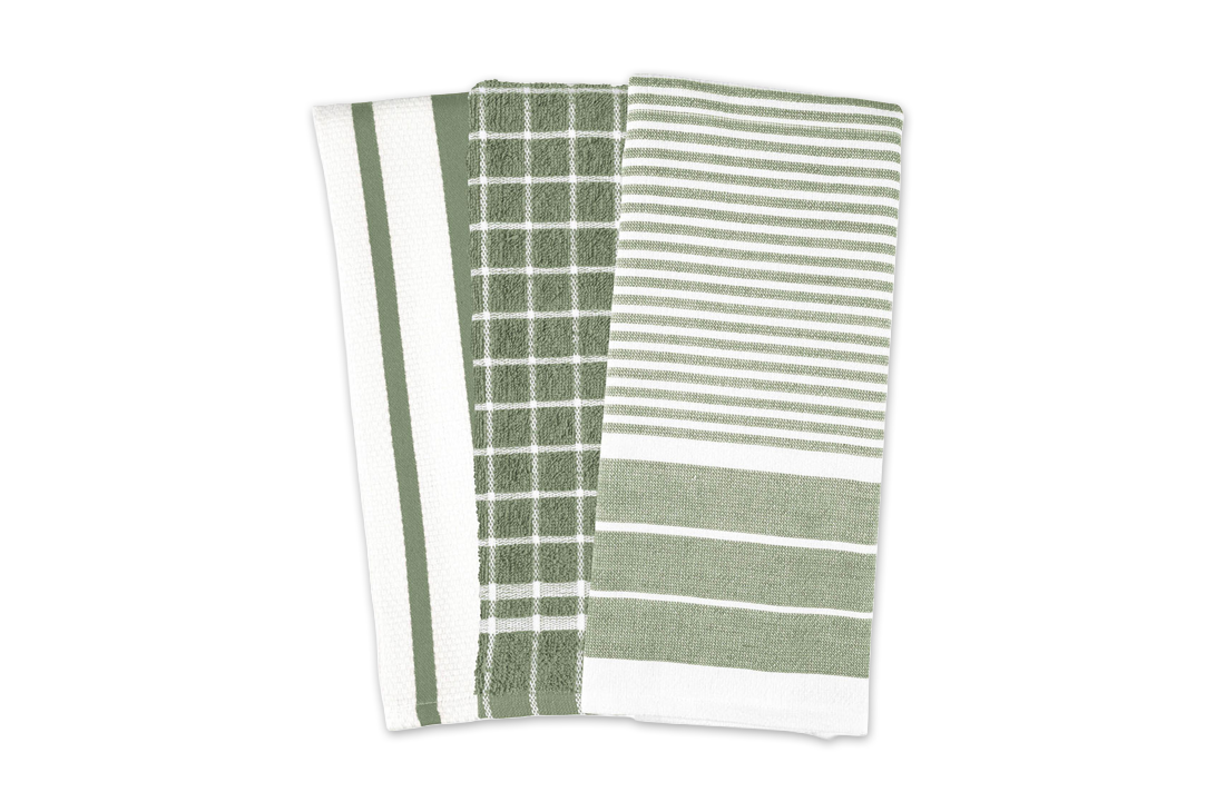 A set of green patterned Mrs. Anderson's Kitchen Towels, Set of 3 over a white background.