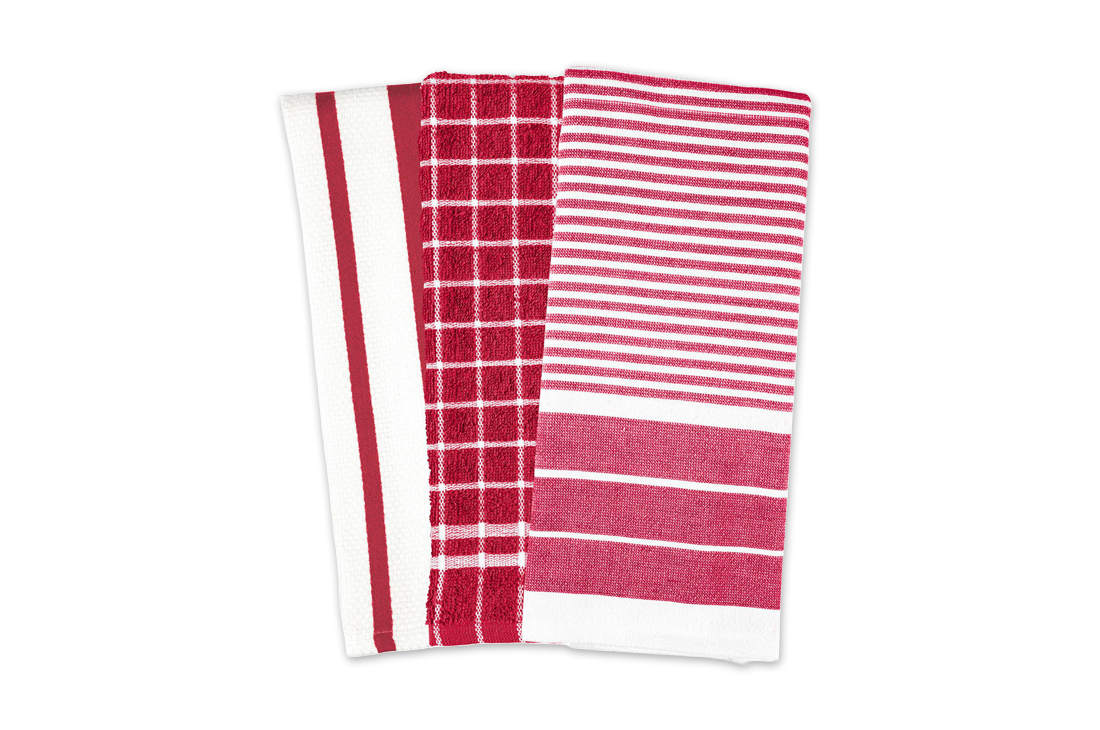 A set of red patterned Mrs. Anderson's Kitchen Towels, Set of 3 over a white background.