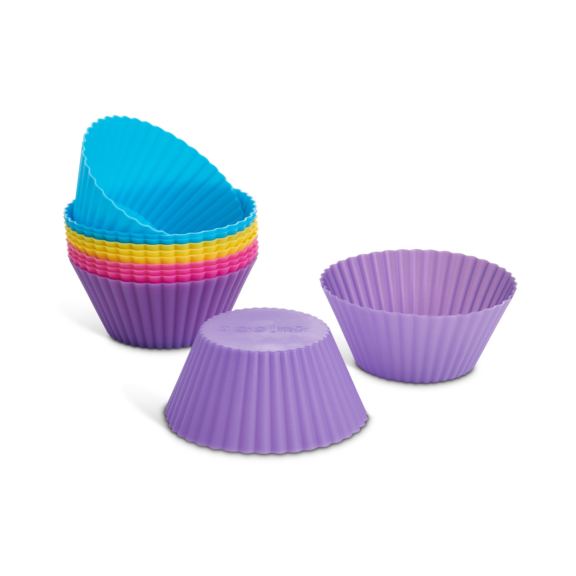 Mrs. Anderson's Baking Silicone Baking Cups, Set of 12 spead out over a white background.
