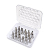 Set of Mrs. Anderson's Baking Pastry Decorating Set, 26 Tips in a clear plastic case on a white background