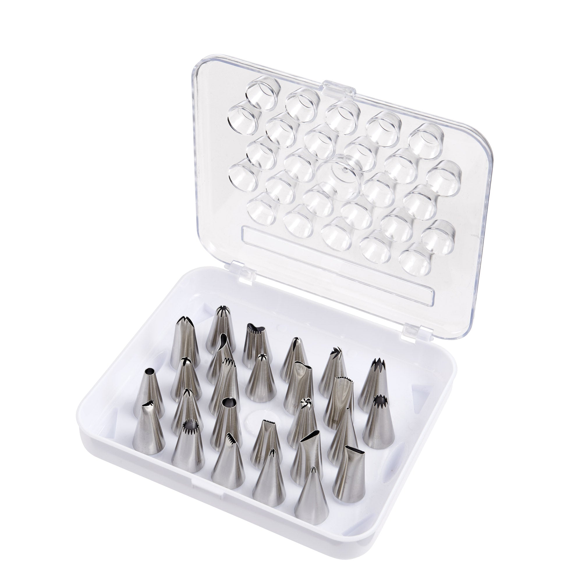 Set of Mrs. Anderson's Baking Pastry Decorating Set, 26 Tips in a clear plastic case on a white background