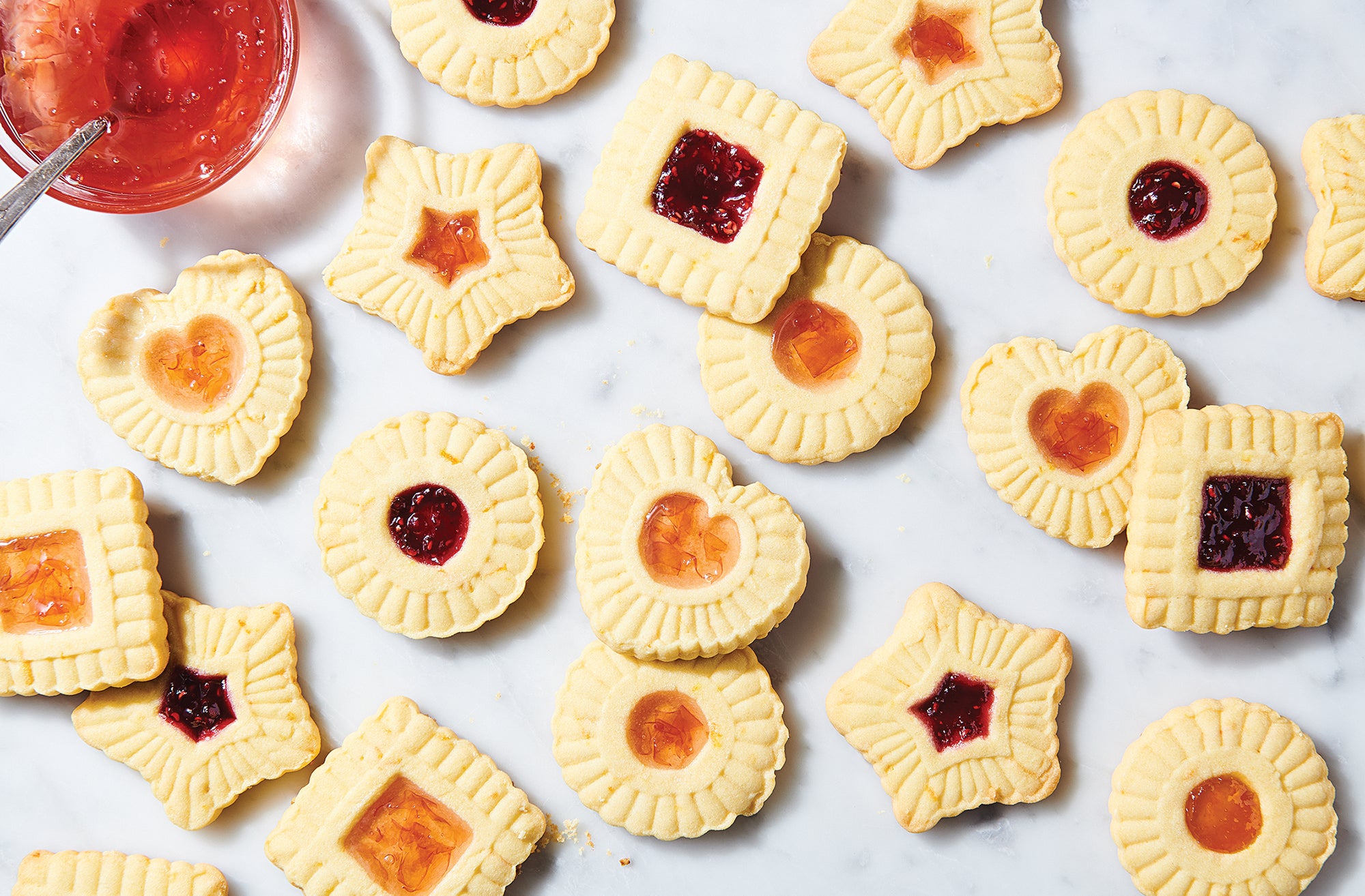 Jam-filled cookies made using King Arthur Baking Company Thumbprint Cookie Cutters.