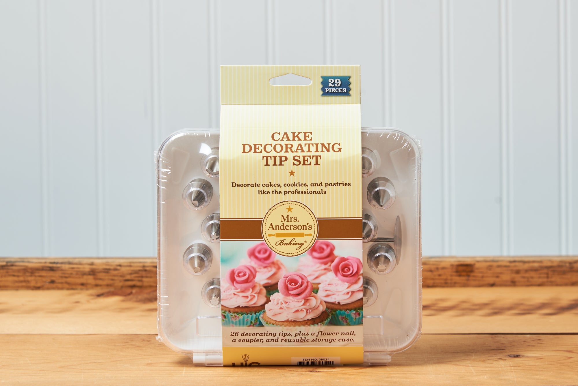 Mrs. Anderson's Baking Pastry Decorating Set, 26 Tips on a wooden tabletop.