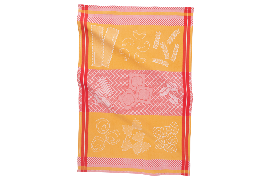 A KAF Home Pasta Print Jacquard Towel over a white background.