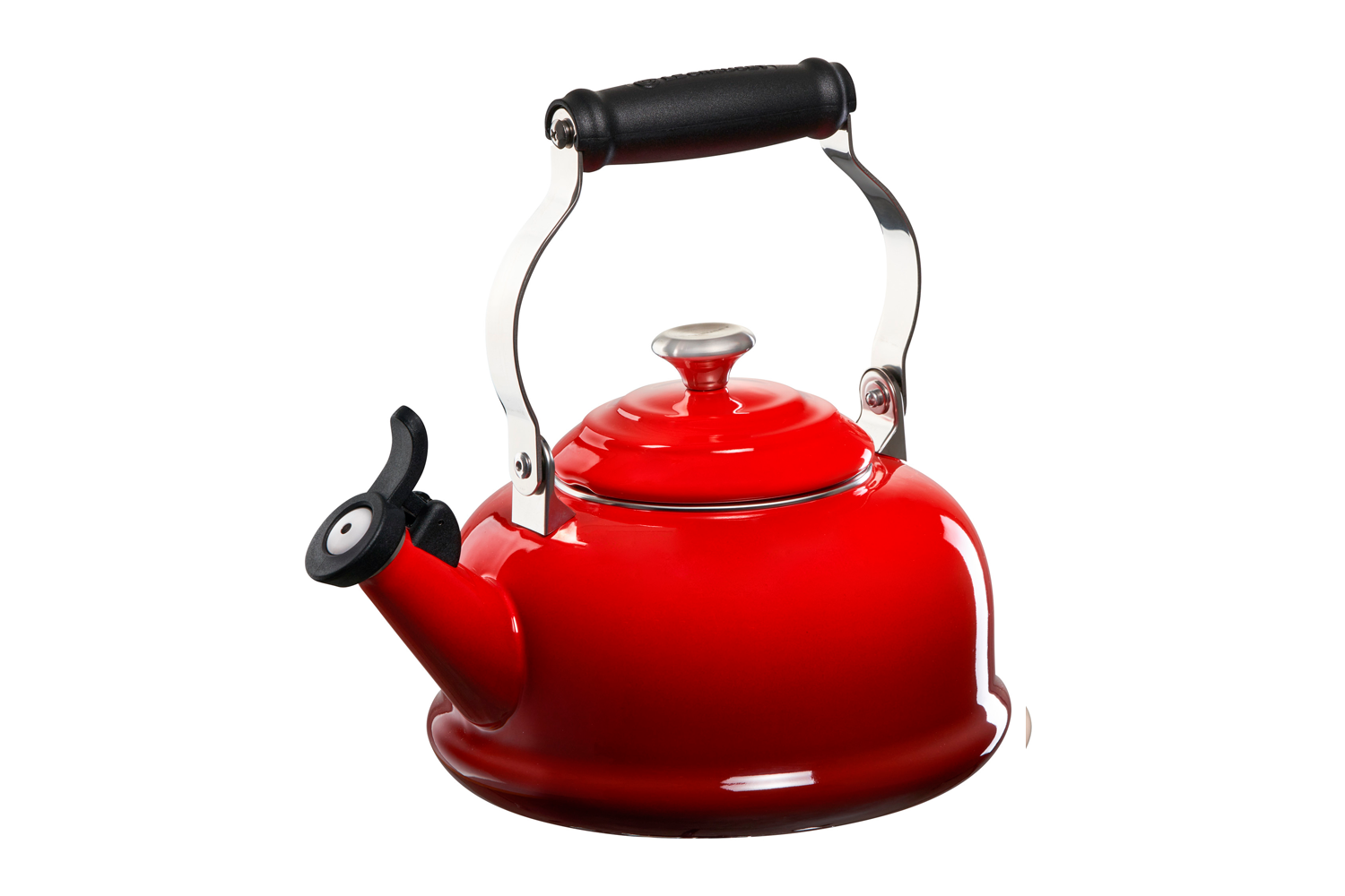 A Le Creuset Classic Kettle in Cherry over a white background.