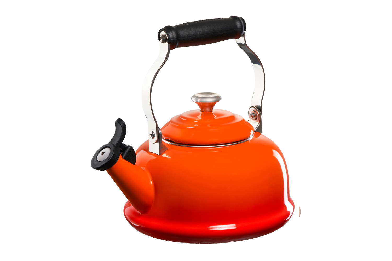 A Le Creuset Classic Kettle in Flame over a white background.