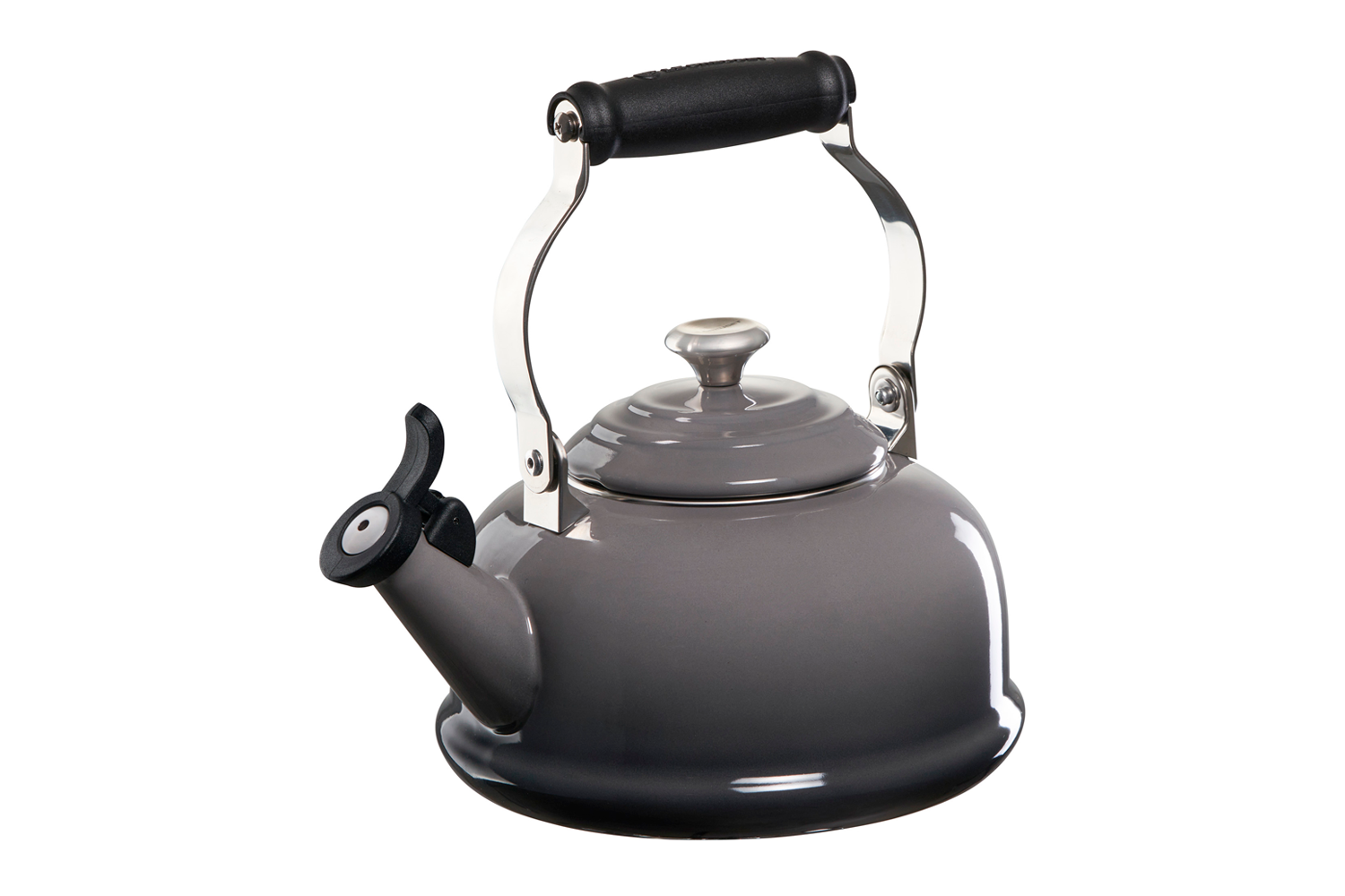 A Le Creuset Classic Kettle in Oyster over a white background.