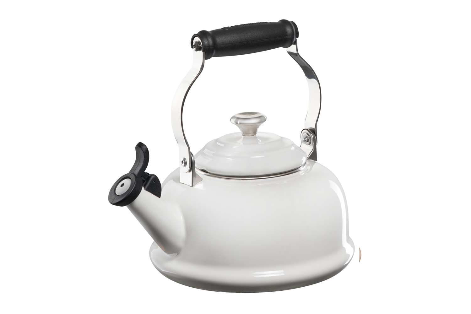 A Le Creuset Classic Kettle in White over a white background.