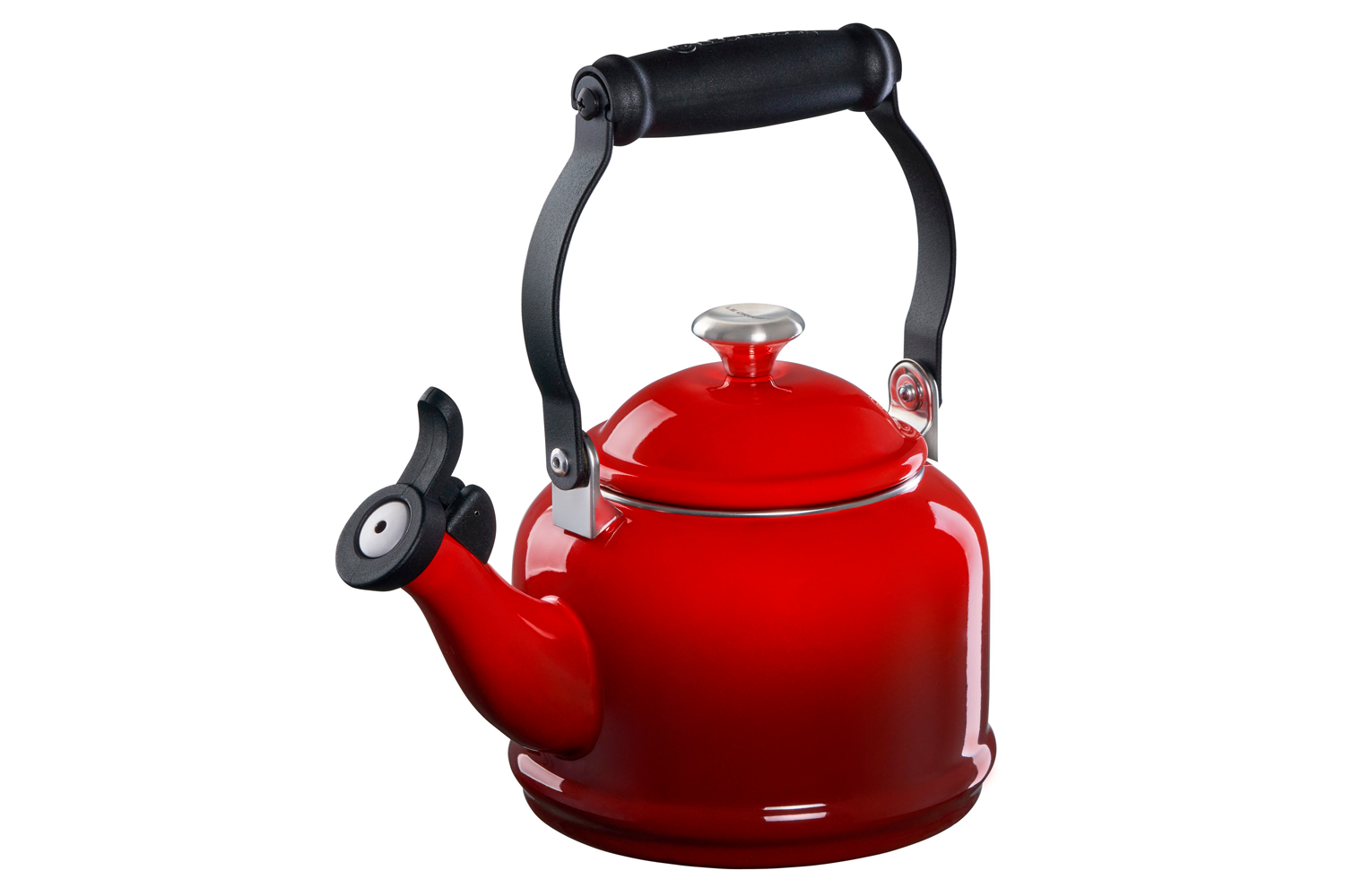 A Le Creuset Demi Kettle in Cherry over a white background.