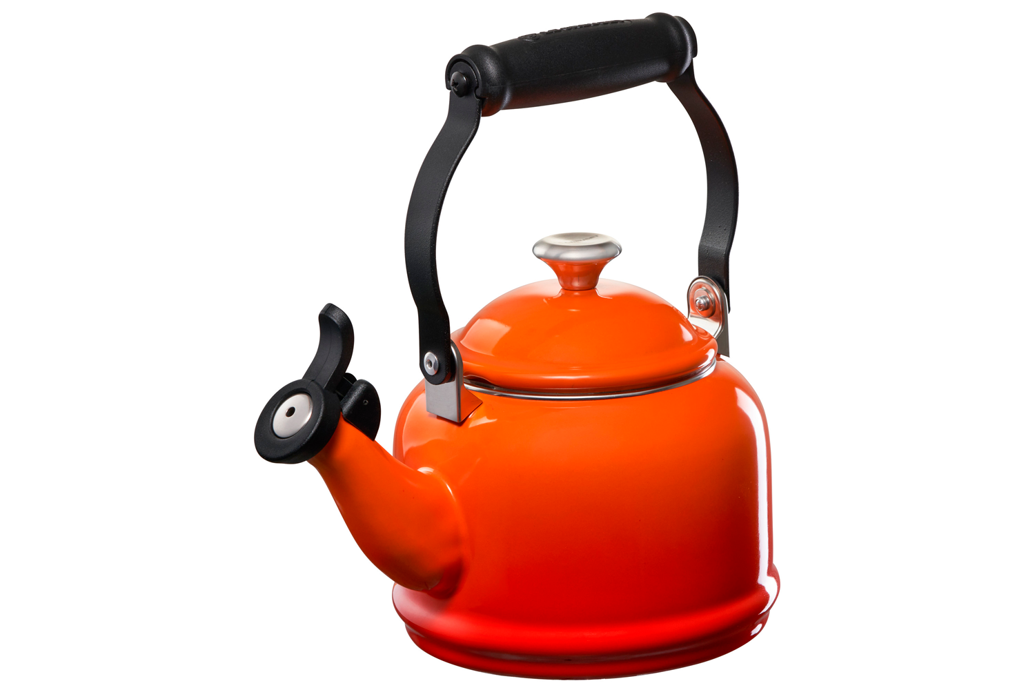 A Le Creuset Demi Kettle in Flame over a white background.