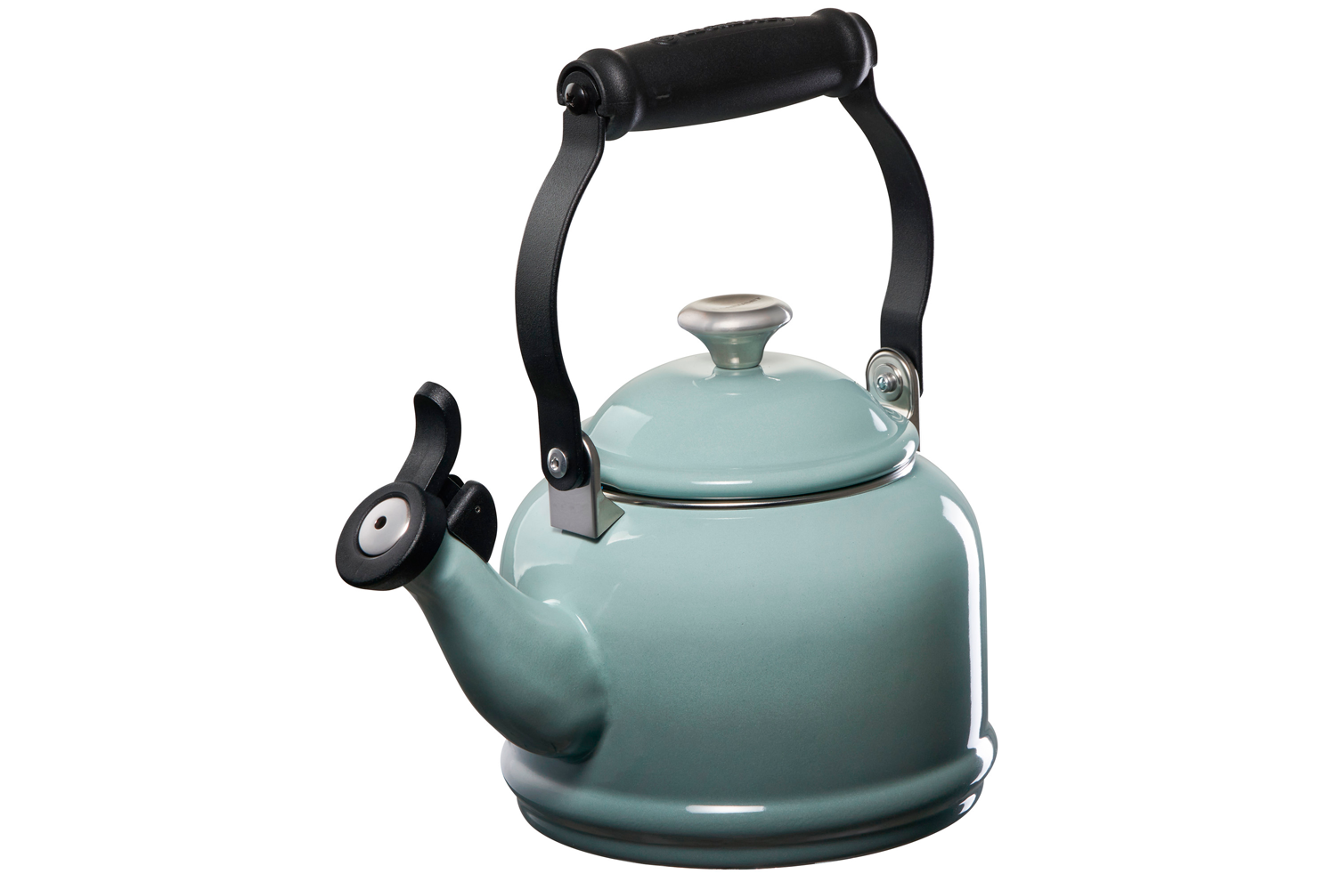 A Le Creuset Demi Kettle in Sea Salt over a white background.