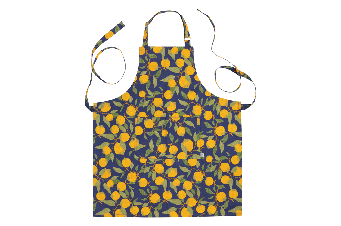 A Now Designs Lemons Apron over a white background.