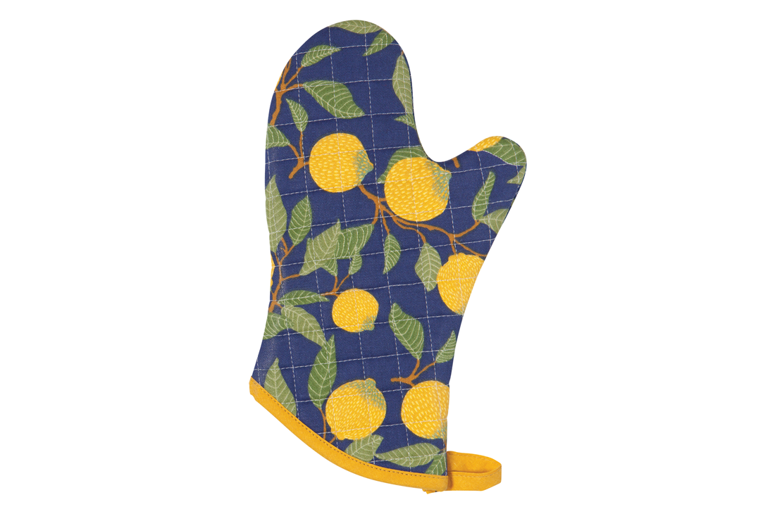 A Now Designs Lemons Oven Mitt over a white background.