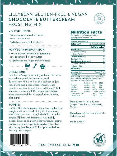 The nutrition label and baking instructions for a bag of LillyBean Chocolate Buttercream Frosting Mix.