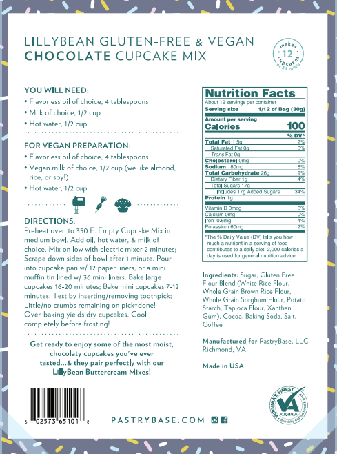 The nutrition label and baking instructions for a bag of LillyBean Chocolate Cupcake Mix.