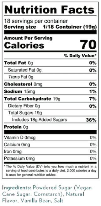 The nutrition label for LillyBean	Marshmallow Frosting Mix.