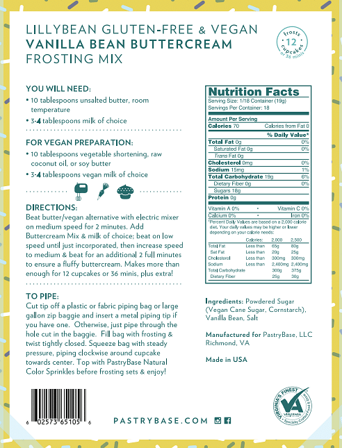 The nutrition label and baking instructions for a bag of LillyBean Vanilla Bean Buttercream Frosting Mix.